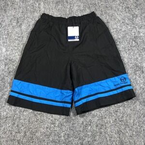 Sergio Tacchini Swim Shorts Mens Small Black Blue Striped Drawstring Lined